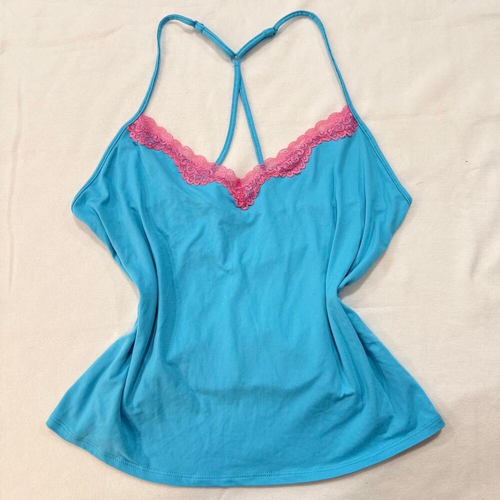 Y2K inspired Lace Blue & Pink Crossover Back Racerback Camisole